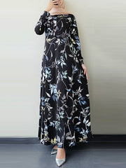 Ethnic Floral Print O-neck Bohemian Casual Long Sleeve Women Maxi Dress