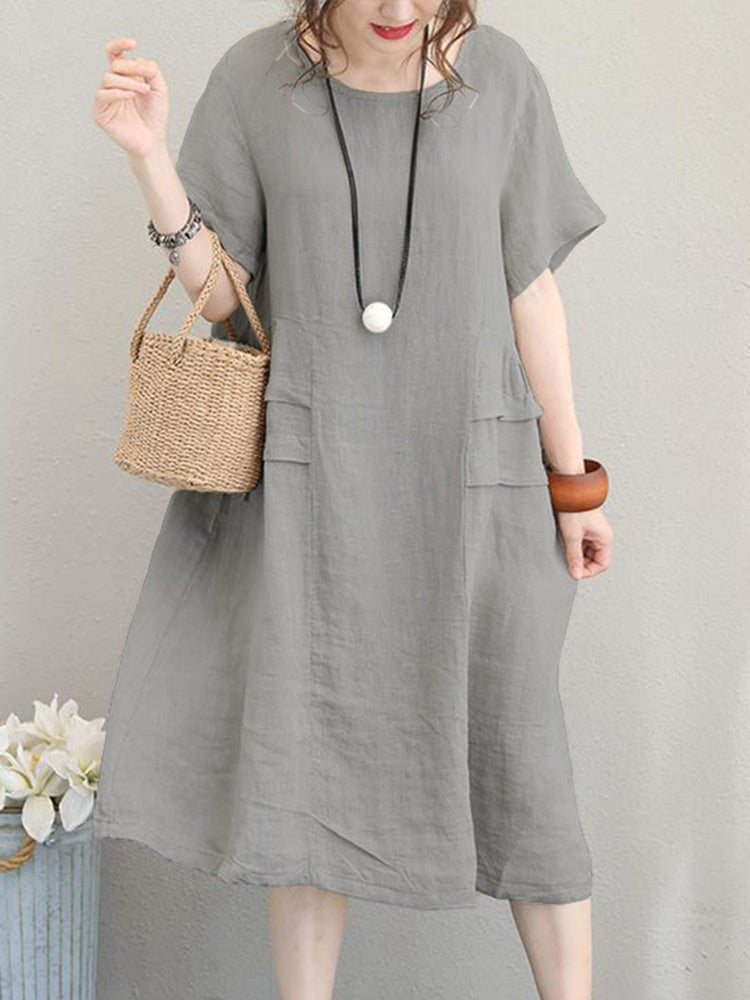 Cotton Linen Dresses for Women Loose Short Sleeves Dresses