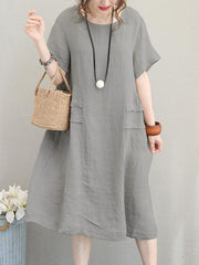 Retro Casual Cotton Pure Color Loose Short Sleeve Women Midi Dress