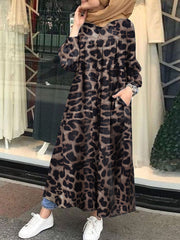 Leopard Printed Button Down Front Kaftan Tunic Pockets Wanita Maxi Dress