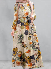 cotton-floral-print-puff-sleeve-pleated-pockets-loose-robe