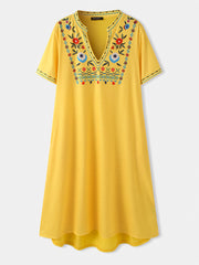 Ethnic Notched Neckline Floral Print Bohemian Casual Women Midi Dress