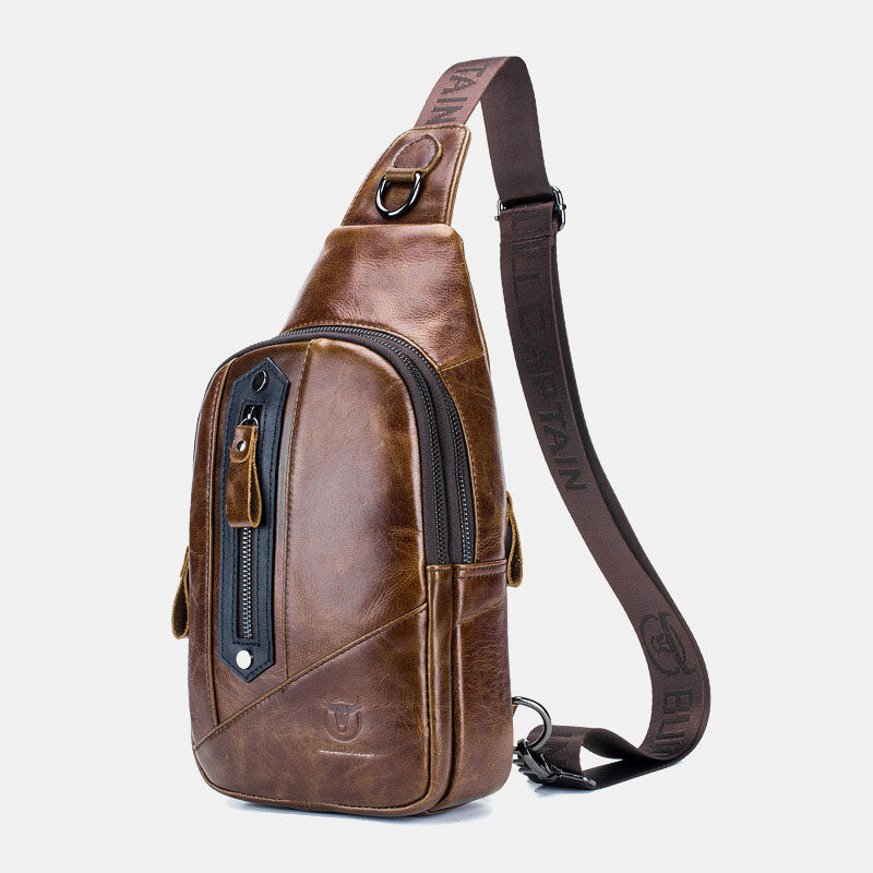 Men Genuine Leather Business Casual Chest Bag Brown Black Grey Shoulder  Crossbody Bag