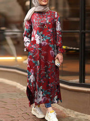 Cotton Floral Print Loose Contrast Color Robe Kaftan Split Hem Shirt Pocket Women Maxi Dress