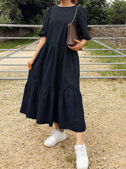 퓨어 컬러 티어드 라운드 넥 하프 슬리브 심플 프릴 여성 미디 드레스