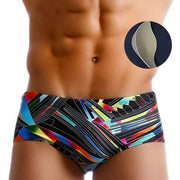 Men new geometric color line printing swimming trunks with cups