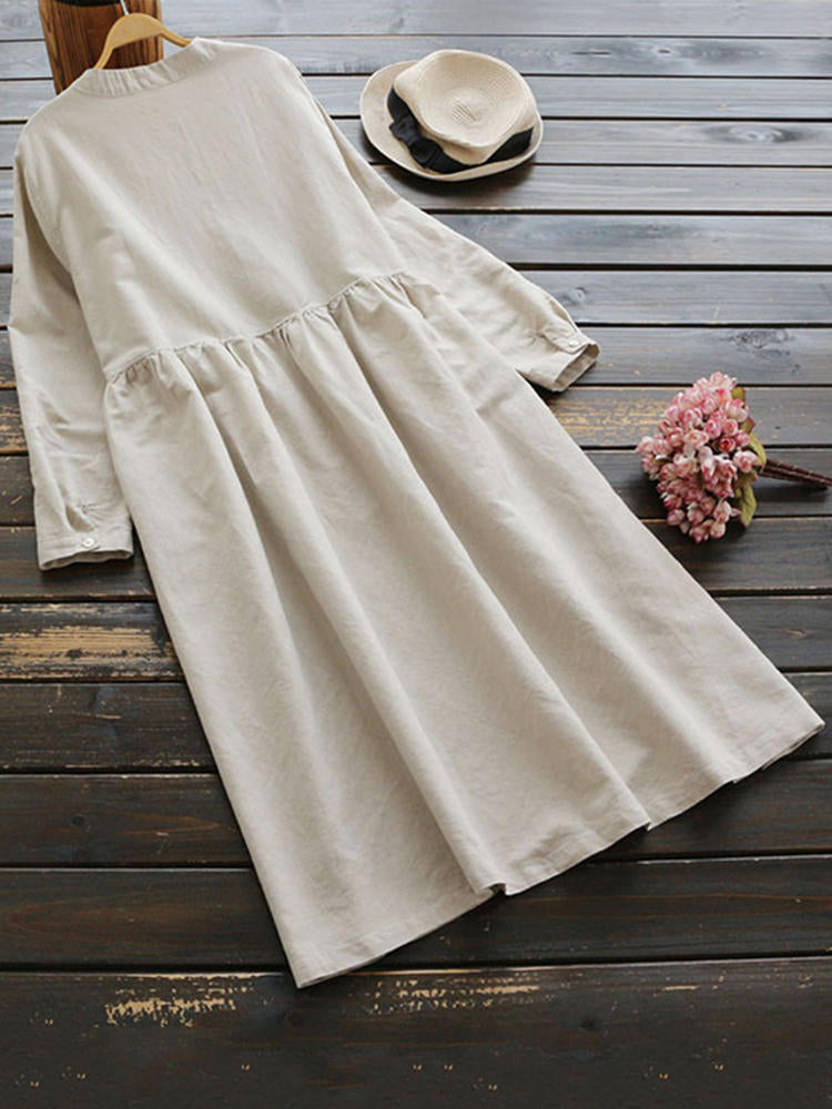 Vintage Cotton Pure Color Round Neck Button Long Sleeve Women Maxi Dre – Come4Buy eShop