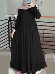 Pure Color Ruffles Hem Pleats Puff Sleeve Women Maxi Dress