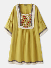 बोहेमिया टैसल डिज़ाइन स्क्वायर कॉलर पॉकेट महिला मिडी ड्रेस