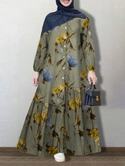 Vintage Flower Print Button Up Kaftan Long Sleeve Women Maxi Dress