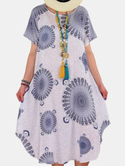 Tribal Print Round Neck Short Sleeve Vintage Women Midi Dress