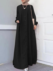 Button Front Kaftan Robe Long Sleeve Shirt Pocket Women Maxi Dress