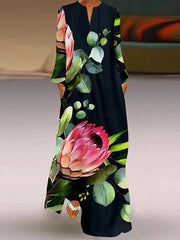 Maxi Dress Girl V-neck Floral Printed Retro Loose Women Maxi Dress