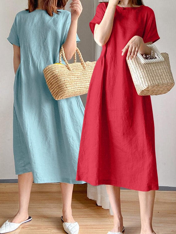 Knee Length Dress Cotton Solid Pockets Women Midi Dress