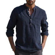 Camisa casual de liño sintético con escote en V de manga longa para homes