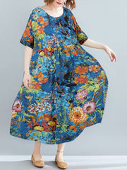 Vintage Floral Print O-neck Short Sleeve Women Maxi Dress