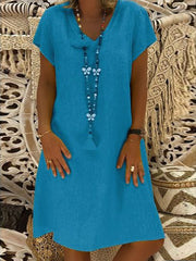 महिला आकस्मिक ठोस रंग V- गर्दन छोटो बाहुला पोशाक