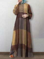 Plaid Print Puff Sleeve Bohemian Maxi Button Up Abaya Kaftan Wanita Maxi Dress