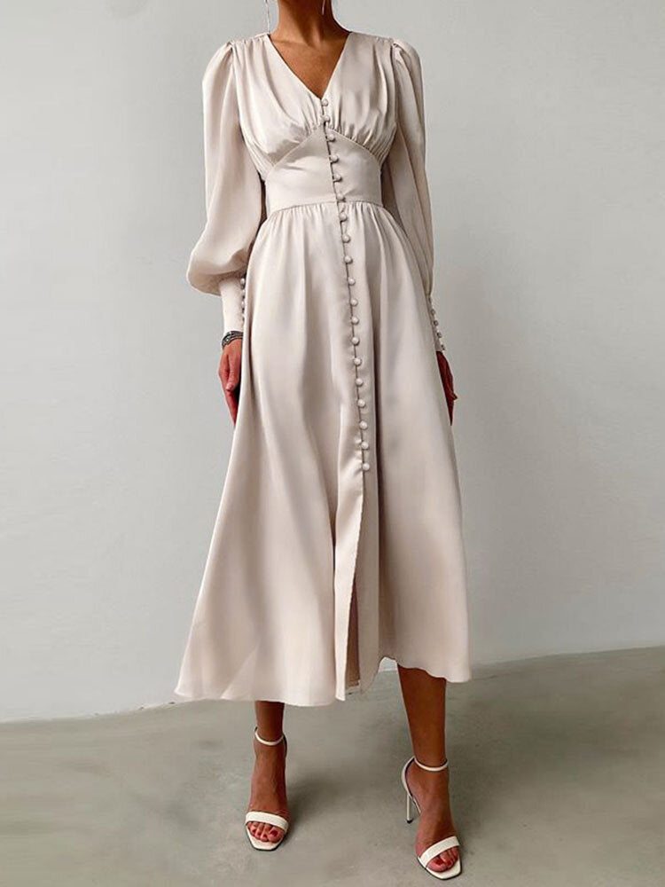 long sleeve button dress Satin Button Up V-neck Long Sleeve Elegant Women Maxi Dress – Come4Buy eShop