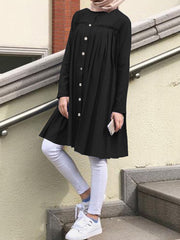 Pleated Button Up O-neck Tunic Kaftan Shirt Casual Women Midi Dress