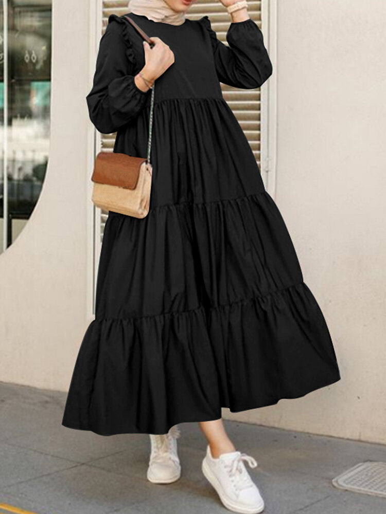 Solid Cotton Ruffles Hem Layered O-neck Tiered Casual Long Sleeve Wome Come4Buy eShop Solid Cotton Ruffles Hem Layered O-neck Tiered Casual Long Sleeve Wome Come4Buy eShop