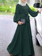 Long Sleeve Pure Color Belted O-neck Button Women Maxi Dress