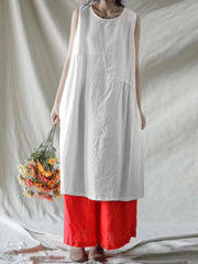 Pure Colour Round Neck Loose Sleeveless Luv Casual Women Midi Dress