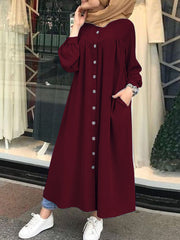 Solid Color Stand Collar Button Down Front Leisure Loose Pockets Women Maxi Dress