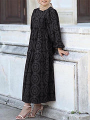 Vintage Print Puff Sleeve Tiered Swing Kaftan Women Maxi Dress