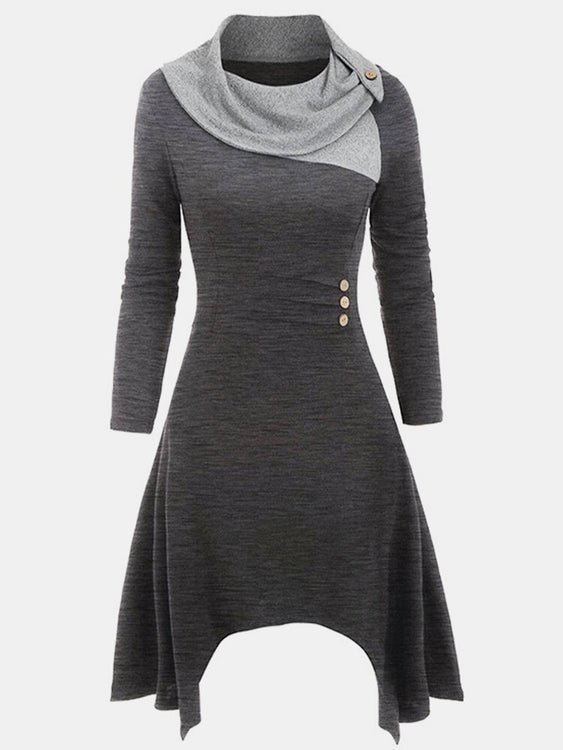 Contrasting Colors Patchwork Asymmetrical Hem Vintage Women Midi Dress