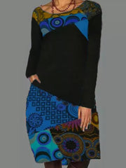 에스닉 패턴 패치워크 캐주얼 프린트 라운드 넥 긴팔 여성 미디 드레스
