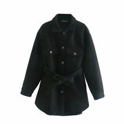 Turn Down Collar Jackets Fashion Tie Belt Waist  Coats Women Elegant Pockets