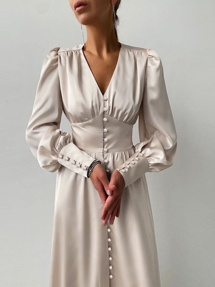 Satin Button Up V-neck Long Sleeve Elegant Women Maxi Dress Come4Buy eShop Satin Button Up V-neck Long Sleeve Elegant Women Maxi Dress Come4Buy eShop