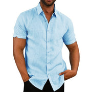 Bavlněné lněné pánské košile s krátkým rukávem Letní jednobarevný límec
