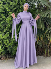 Elegant Kvinder Muslim Islamic Satin Grosgrain Solid Maxi Kjole Med Bælte