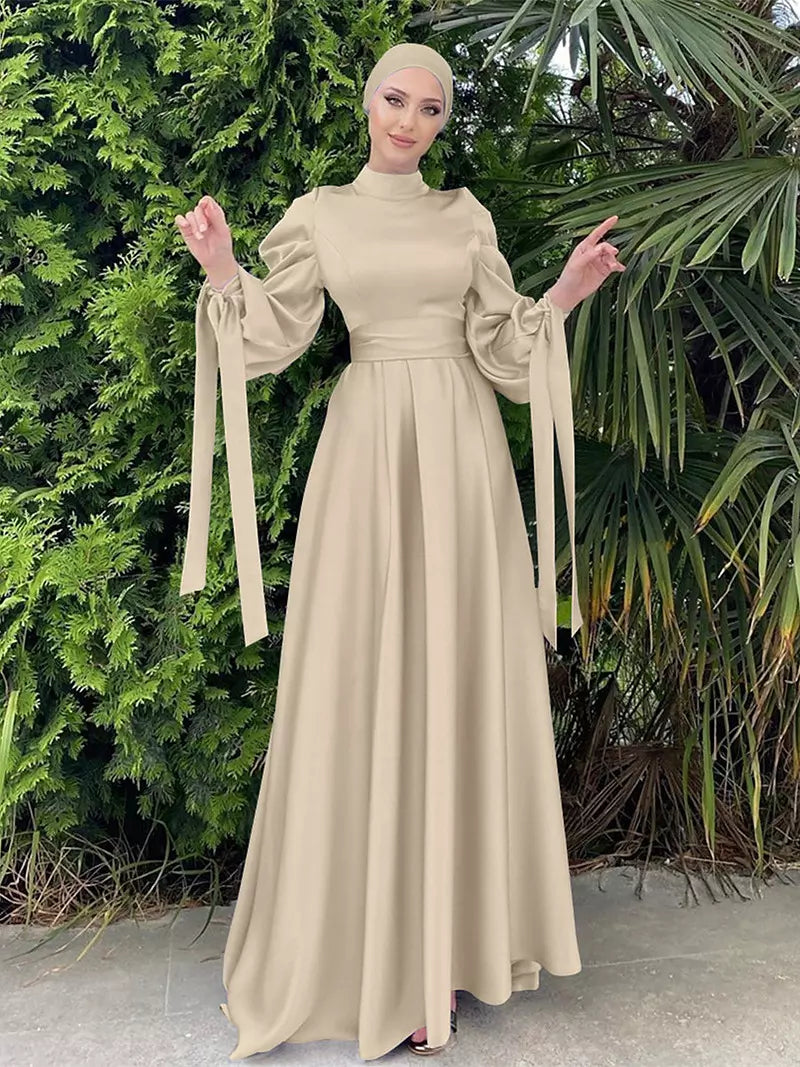 Elegant Women Muslim Islamic Satin Grosgrain Solid Maxi Dress With Bel – Come4Buy eShop