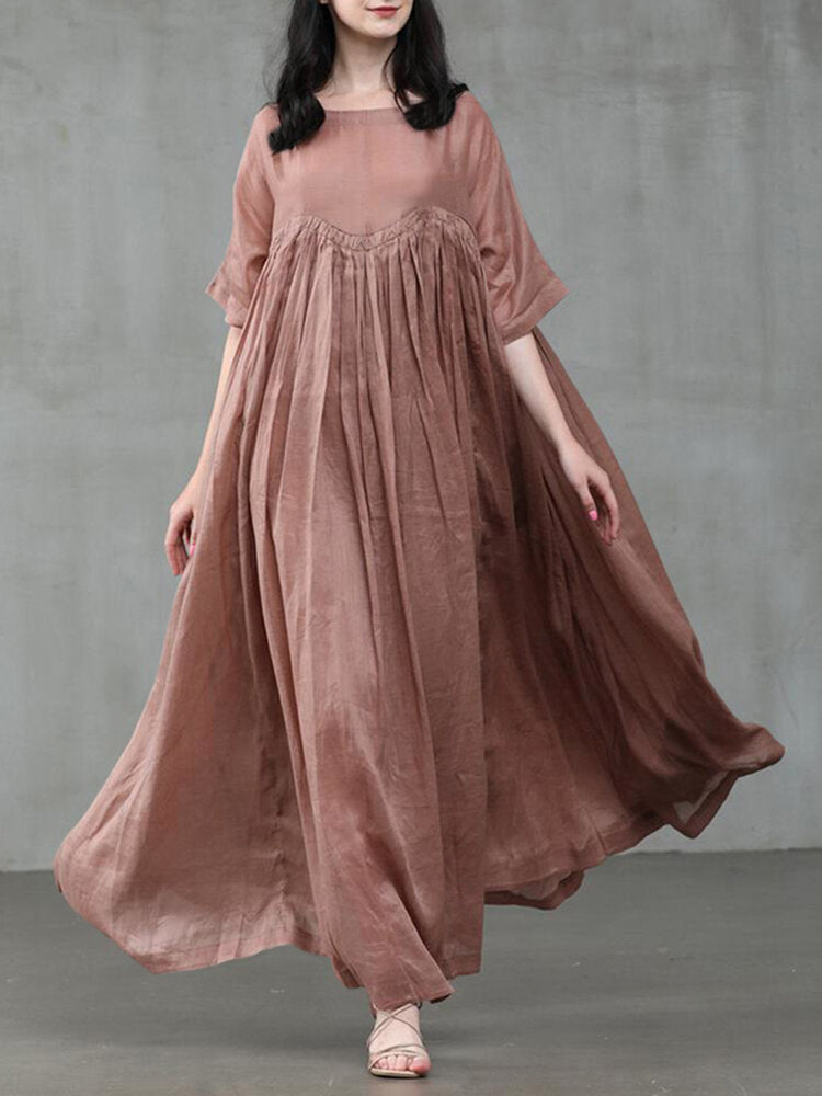 Vintage Cotton Pure Color Pleats Half Sleeve Swing Women Maxi Dress – Come4Buy eShop