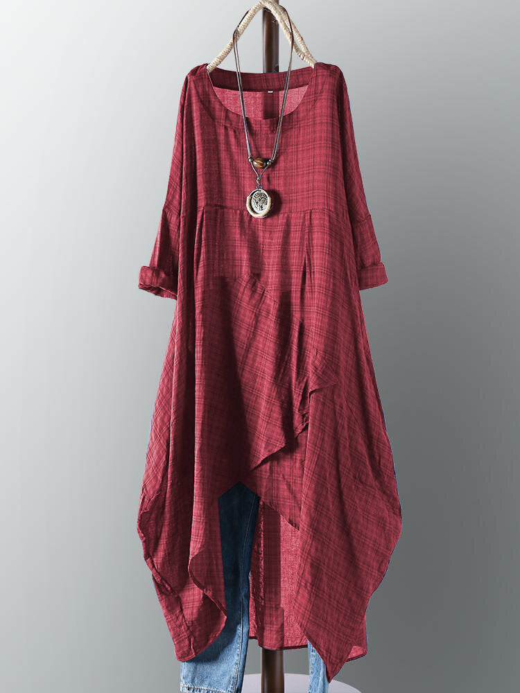 Plus Plaid Casual Asymmetrical Shirt Irregular Hem Women Maxi Dress – Come4Buy eShop