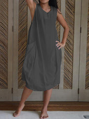 Women Cotton Sleeveless Button Side Pocket solve Casual Dress