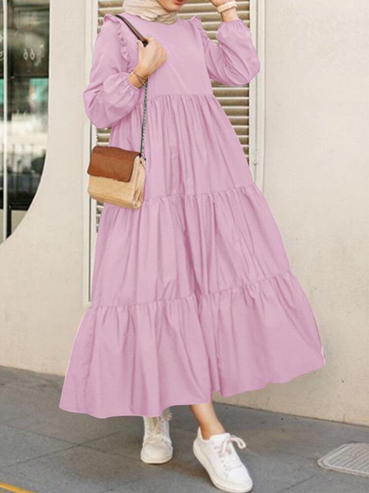 Long Sleeve Ruffle Hem Maxi Dress Purple