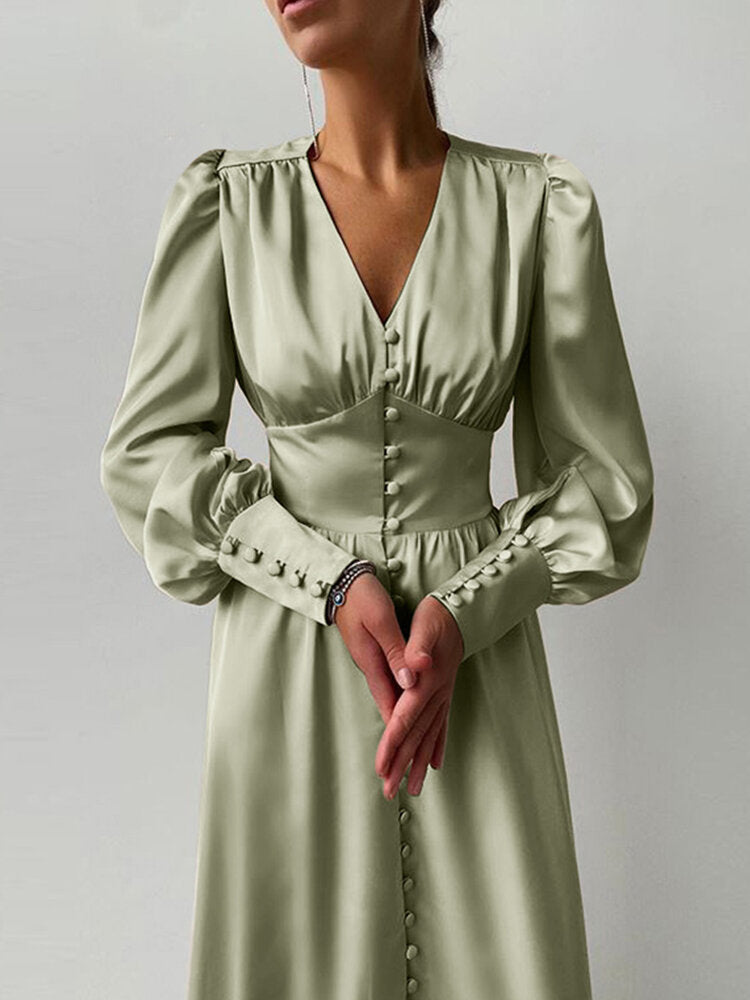 Satin Button Up V-neck Long Sleeve Elegant Women Maxi Dress – Come4Buy eShop Satin Button Up V-neck Long Sleeve Elegant Women Maxi Dress – Come4Buy eShop