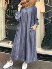 Casual Stripe Print Button Long Sleeve Pocket Shirt Jinan Maxi Dress