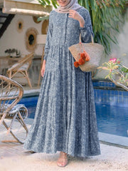 Floral Print O-neck Casual Holiday Bohemian Long Sleeve Tiered Women Maxi Dress