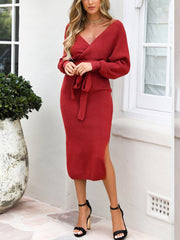 Knitted Low-cut V-neck Lace-up Back Hollow Out Long Sleeve Split Hem Women Midi Dress