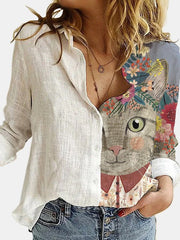 Impresión de camisas de gato Camisas casuales de outono con botóns de oficina Tops de mulleres