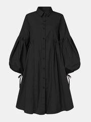 Cotton Pure Color Lapel Puff Sleeve Pleated Casual Shirt Women Midi Dress