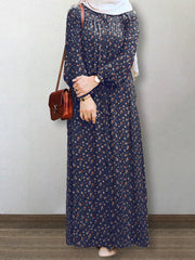 Floral Print Puff Sleeve Lace-up Turn-down-collar Casual Women Maxi Dress