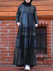 Kaftan Tunic Plaid Print Back Zipper Long Sleeve Maxi Layered Women Maxi Dress