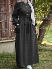 Plain Button Front Lace-up Elastic Cuff Vintage Long Sleeve Pocket Women Maxi Dress