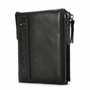 Men Genuine Leather Bifold Hasp Multi-Card Slot Card Holder Retro Double Zipper Pocket Coin Purse Short Money Clip Wallet